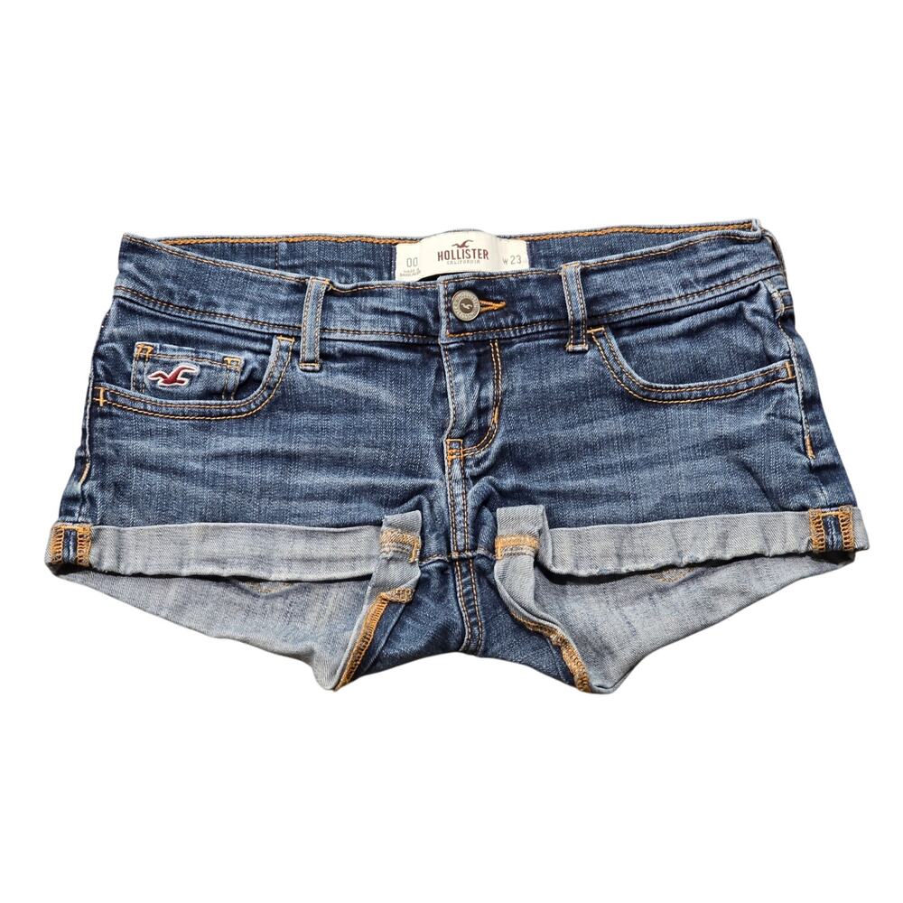 Vintage Y2K Hollister Low Rise Denim Micro Booty Shorts Cuffed Dark Wash 00 W23